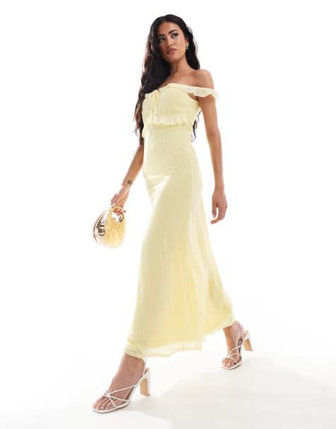 ASOS DESIGN ruffle bardot midi dress with tie detail in lemon yellow - view 1