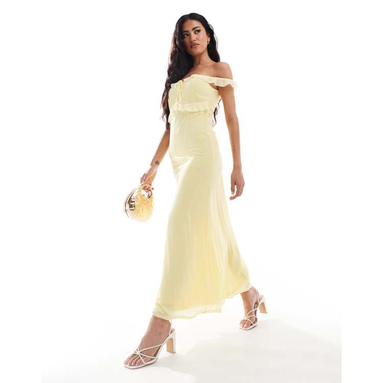 ASOS DESIGN ruffle bardot midi dress with tie detail in lemon yellow | ASOS
