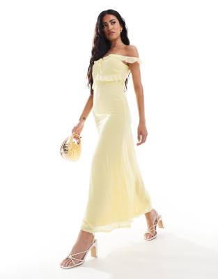 Asos Design Ruffle Bardot Midi Dress With Tie Detail In Lemon Yellow-blue