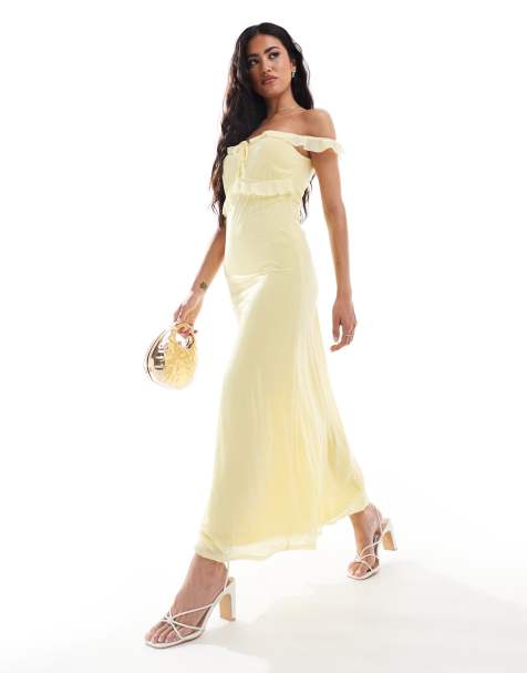 ASOS DESIGN ruffle bardot midi dress with tie detail in lemon yellow - view 1