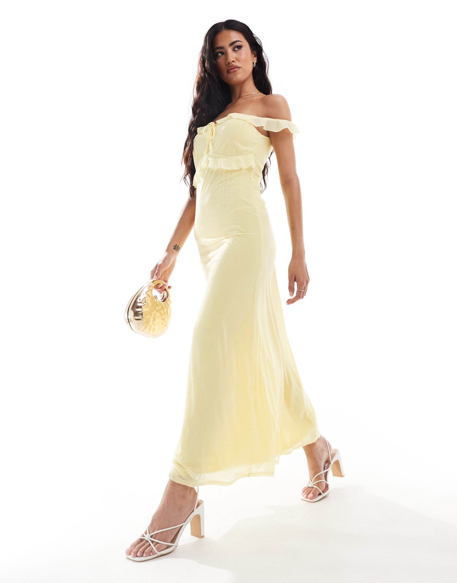 asos design ruffle bardot midi dress with tie detail in lemon yellow