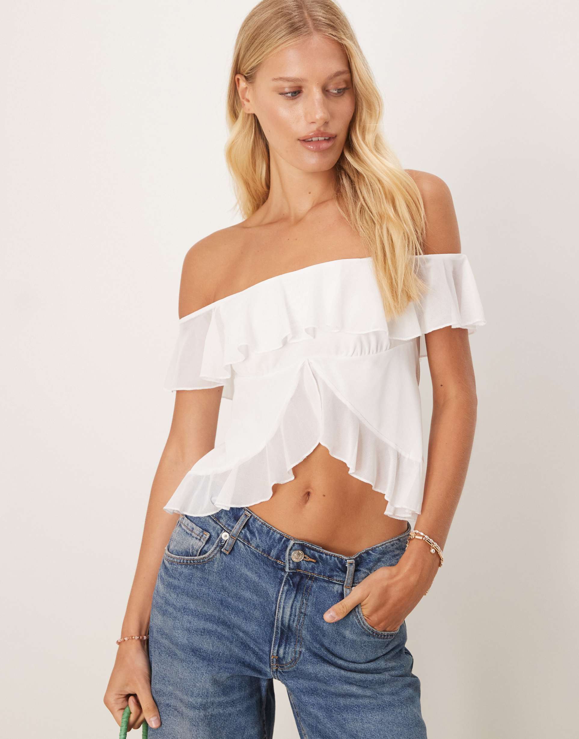 asos design ruffle bardot split front top in cream