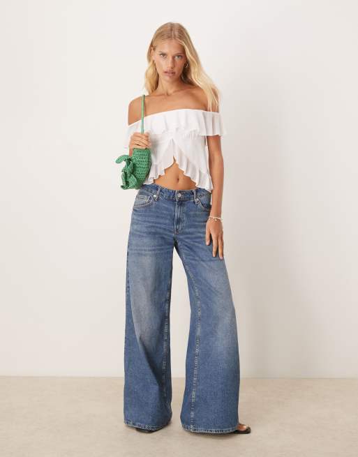 ASOS DESIGN ruffle bardot split front top in cream, 2 of 4