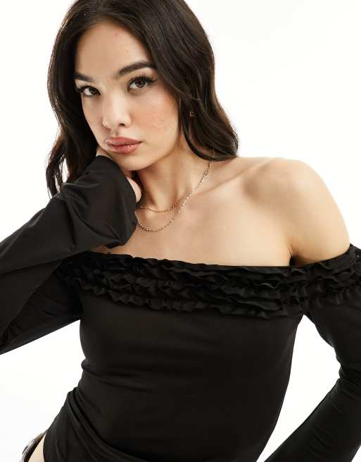 ASOS DESIGN off shoulder bardot mesh top in black