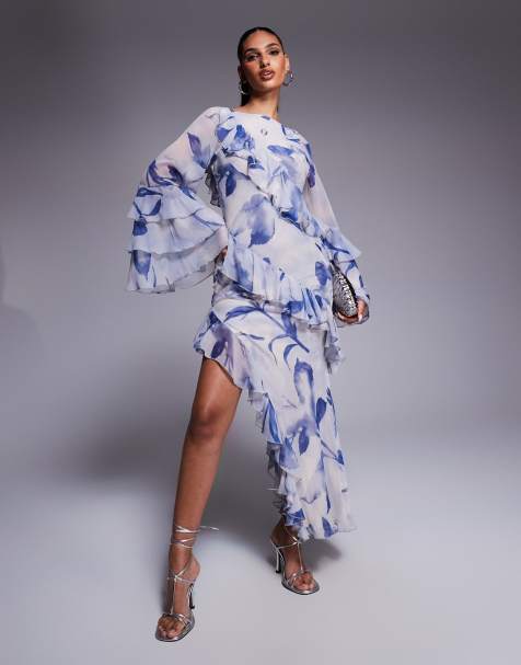 ASOS DESIGN ruffle bias maxi dress with extreme tiered sleeve in blue floral print - view 1
