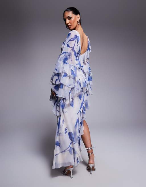 ASOS DESIGN ruffle bias maxi dress with extreme tiered sleeve in blue floral print
