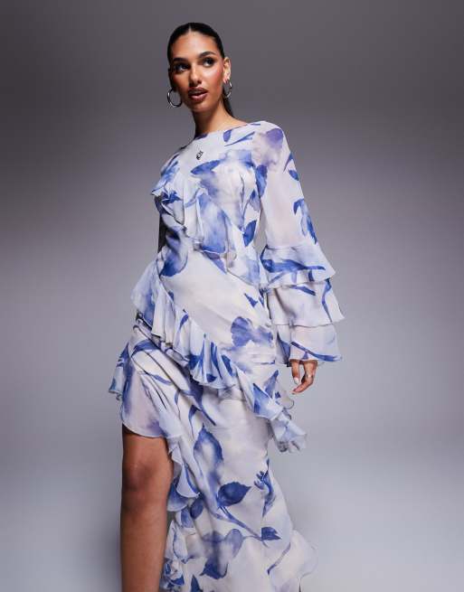 ASOS DESIGN ruffle bias maxi dress with extreme tiered sleeve in blue floral print