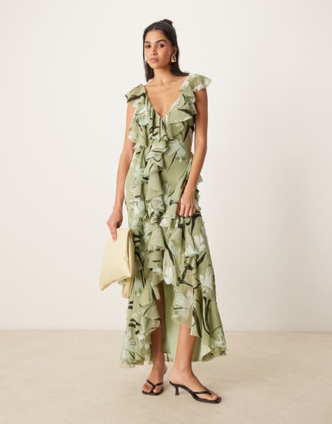 ASOS DESIGN ruffle bias maxi dress with open back in green floral print - view 1
