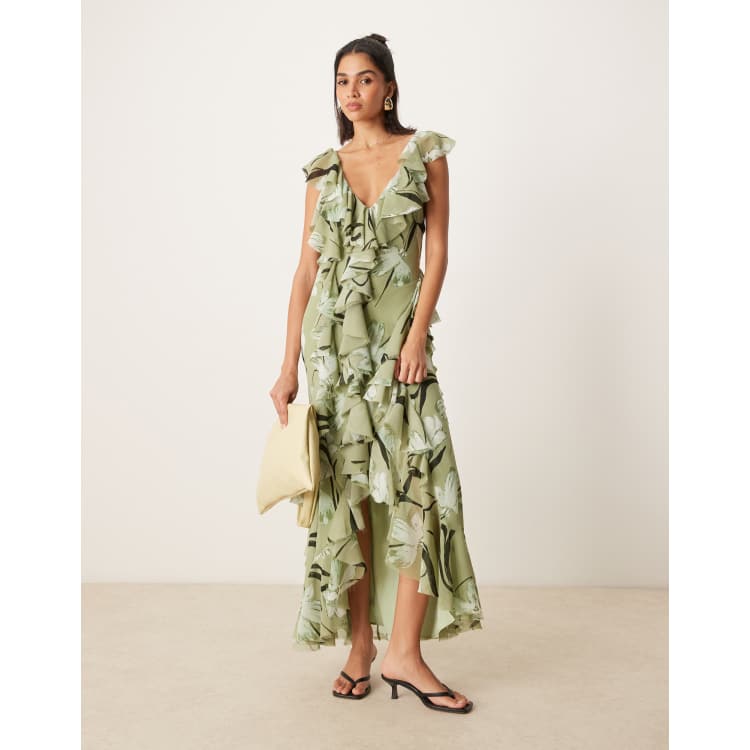 ASOS DESIGN ruffle bias maxi dress with open back in green floral print |  ASOS