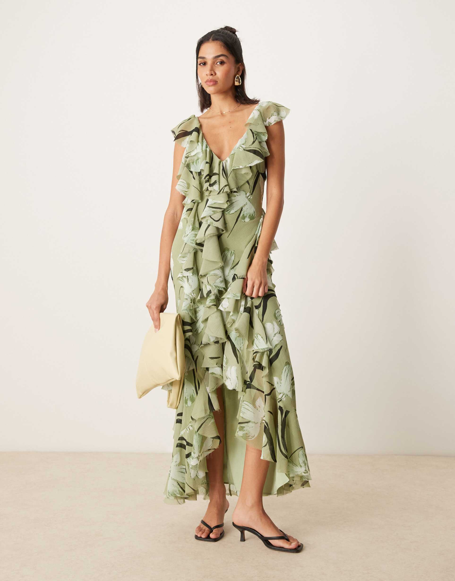 asos design ruffle bias maxi dress with open back in green floral print