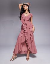 ASOS DESIGN gathered waist ruffle maxi dress with open back in abstract ...