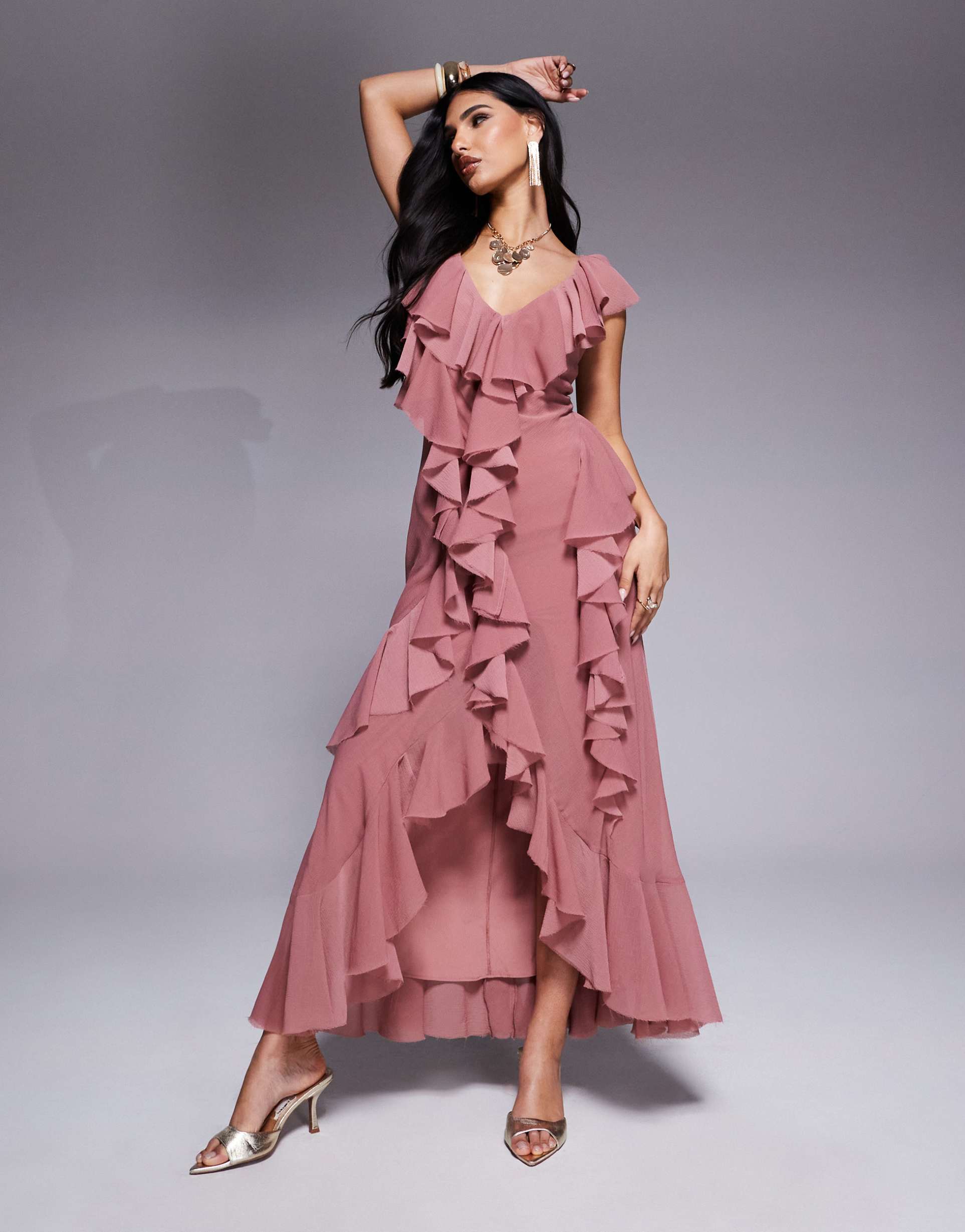 asos design ruffle bias maxi dress with open back in rose pink