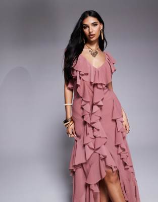 Asos Design Ruffle Bias Maxi Dress With Open Back