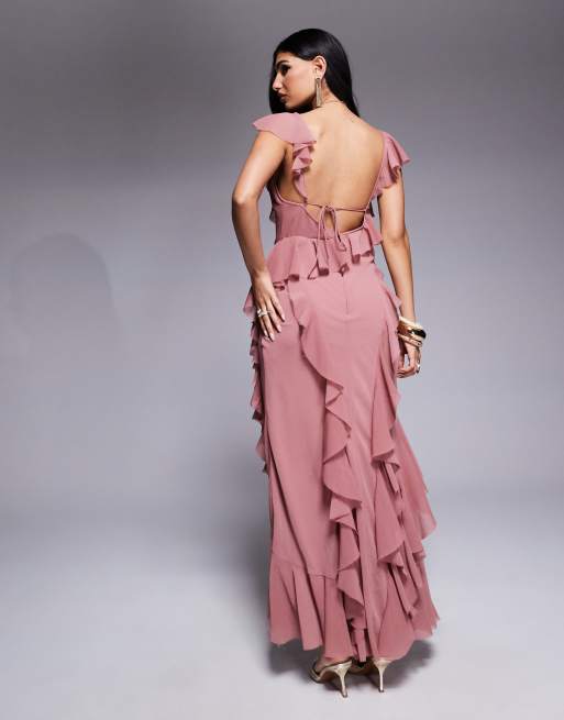 ASOS Design Ruffle Bias Maxi Dress with Open Back in Rose Pink
