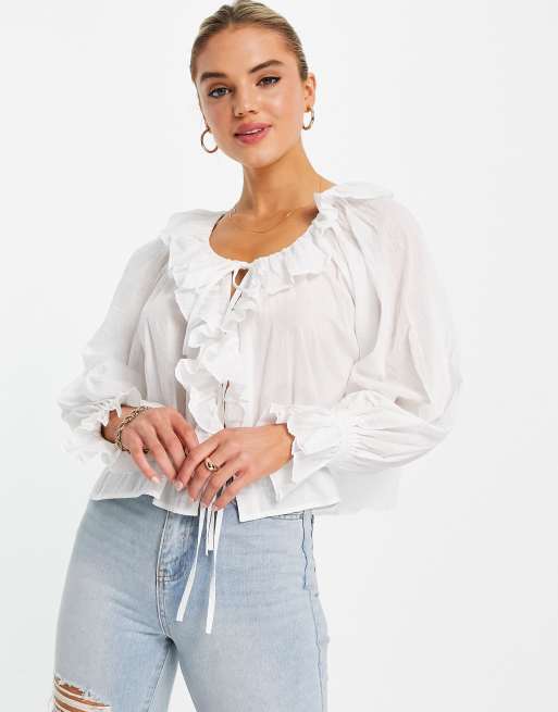 ASOS DESIGN ruffle blouse with tie front in ivory