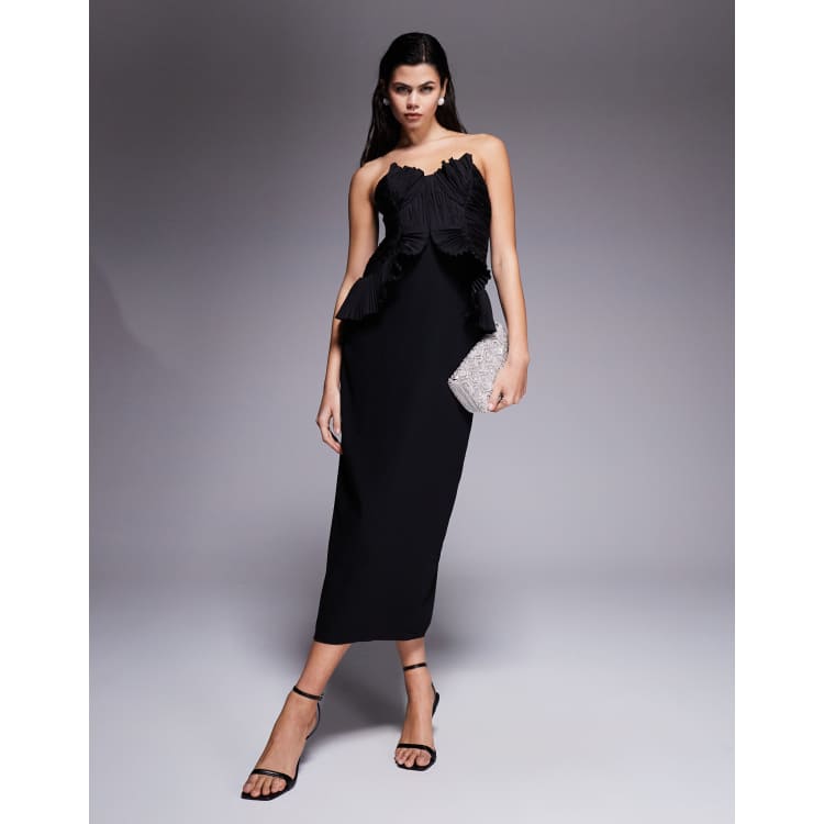 asos design ruffle bodice structured strappy midi dress in chartreuse ASOS DESIGN ruffle bodice structured strappy midi dress in black