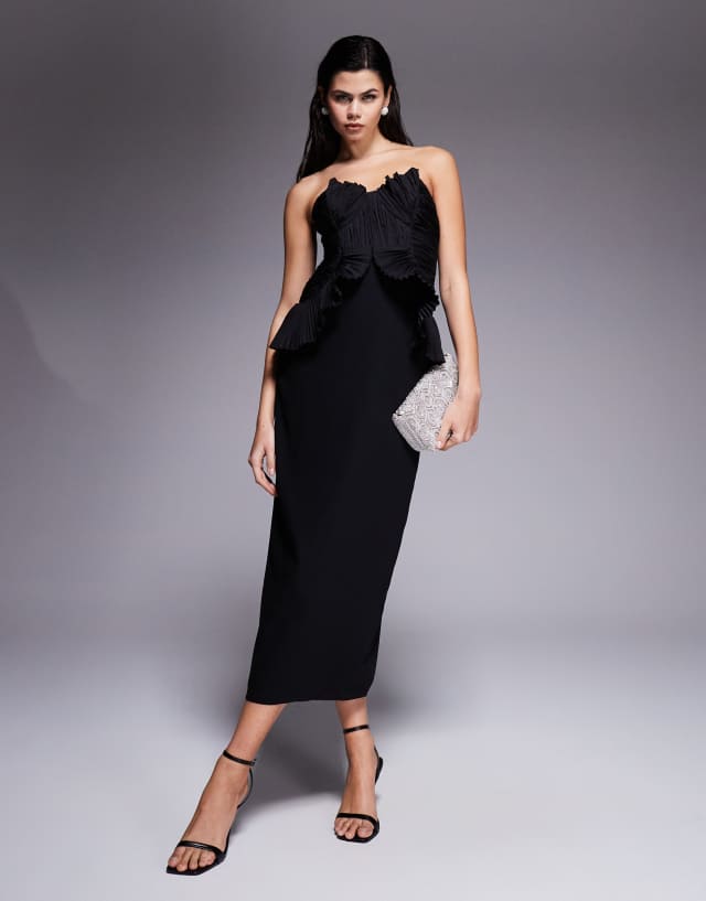 ASOS DESIGN ruffle bodice structured strappy midi dress in black