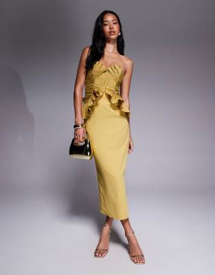 Asos Design Ruffle Bodice Structured Strappy Midi Dress In Yellow