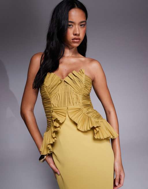 ASOS DESIGN ruffle bodice structured strappy midi dress in chartreuse