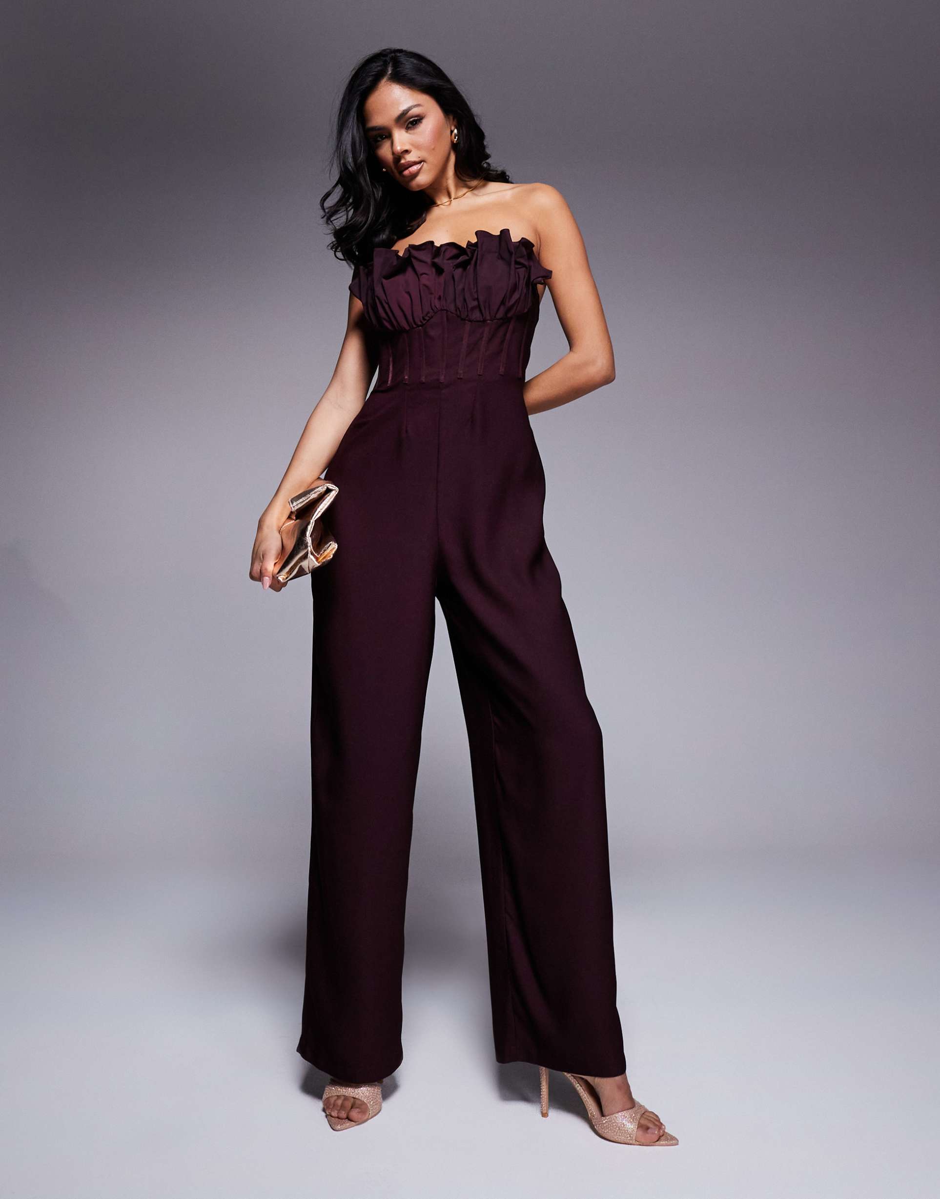asos design ruffle bust contrast corset jumpsuit in dark chocolate