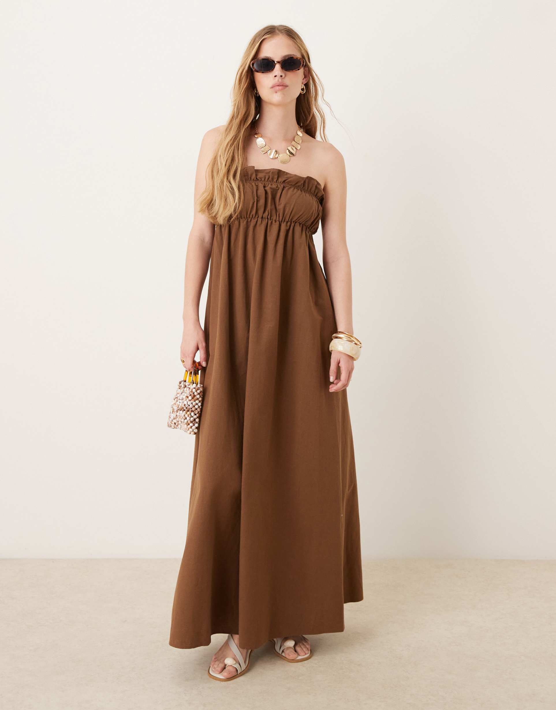 asos design ruffle bust maxi dress in rich chocolate
