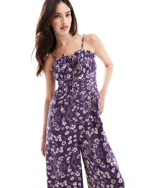 ASOS DESIGN ruffle bust ruched waist strappy spun jumpsuit in purple and white floral - view 1