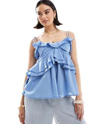 Asos Design Ruffle Cami Top With Tie Straps In Blue