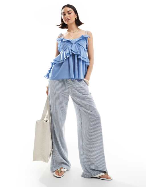 ASOS DESIGN ruffle cami top with tie straps in blue, 4 of 4