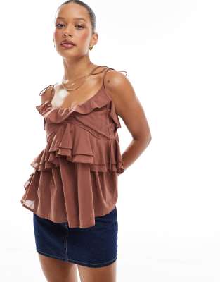 Asos Design Ruffle Cami Top With Tie Straps In Yellow