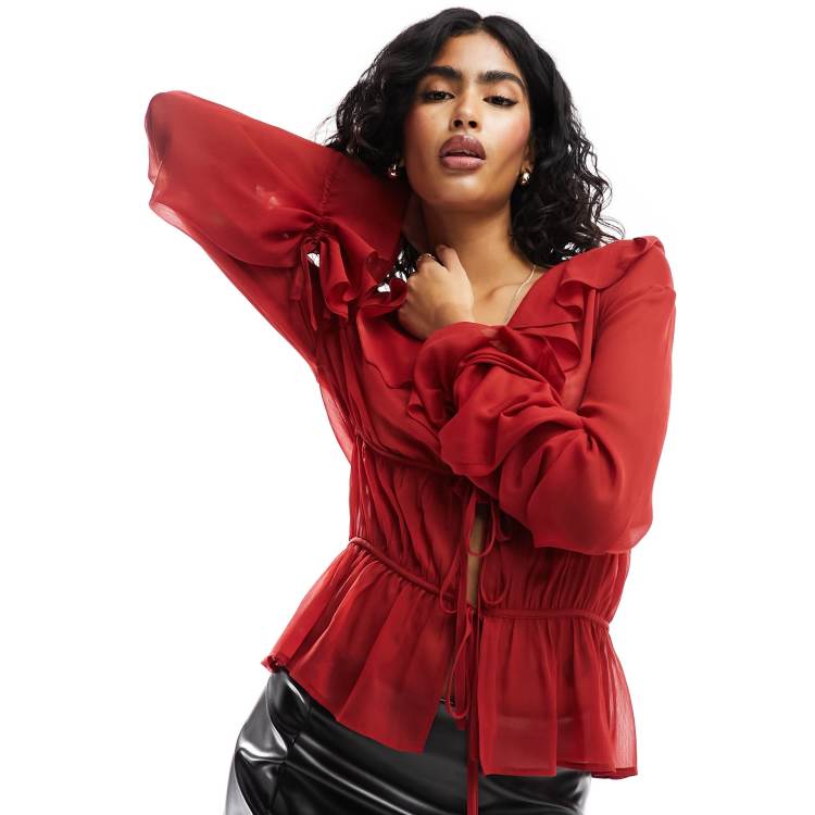 ASOS DESIGN ruffle chiffon blouse with ties in red ASOS