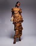 [ASOS DESIGN] ASOS DESIGN ruffle chiffon maxi dress in chocolate abstract print-Brown 14 Brown abstract