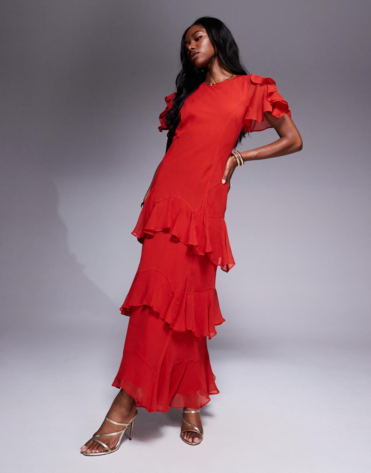 ASOS DESIGN ruffle chiffon maxi dress in dusky red