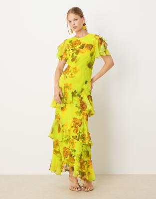 Asos Design Ruffle Chiffon Maxi Dress In Multi