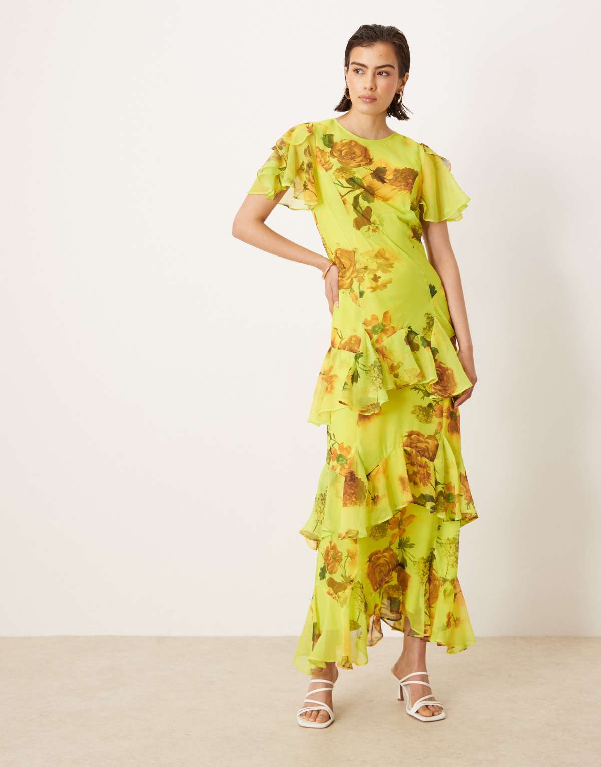 ASOS DESIGN ruffle chiffon maxi dress in green based floral print