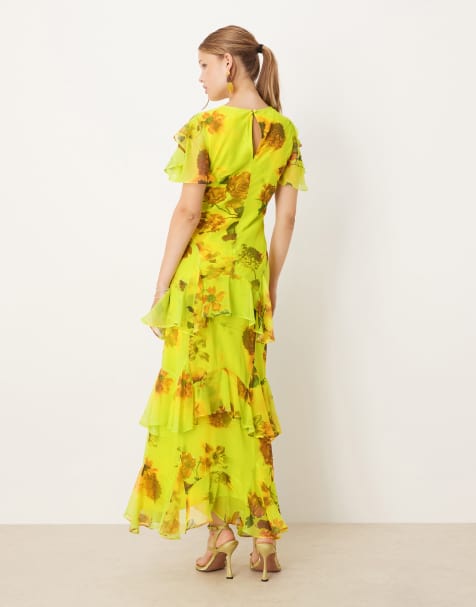 ASOS DESIGN ruffle chiffon maxi dress in green based floral print - view 1