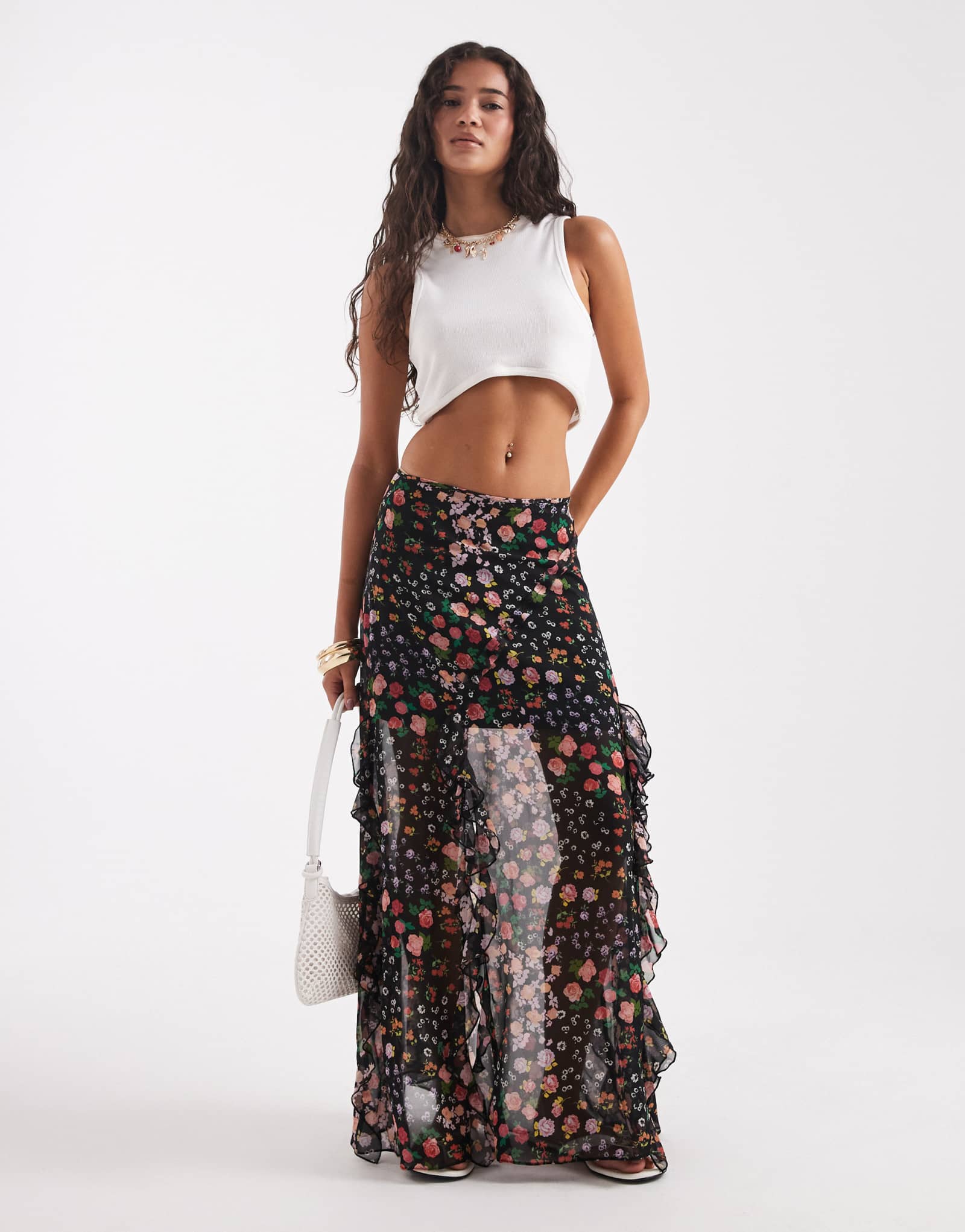 Макси-юбка ASOS DESIGN из шифона с оборками и принтом в виде множества цветов