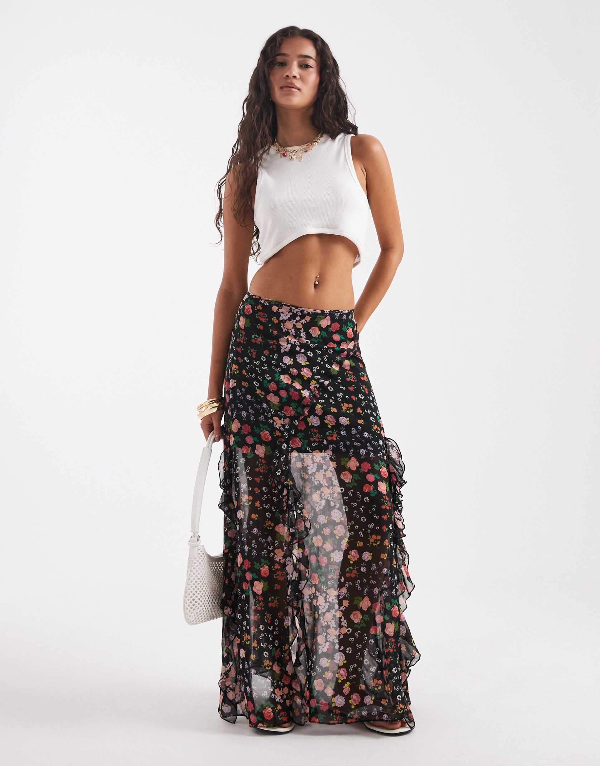 asos design ruffle chiffon printed maxi skirt in multi floral