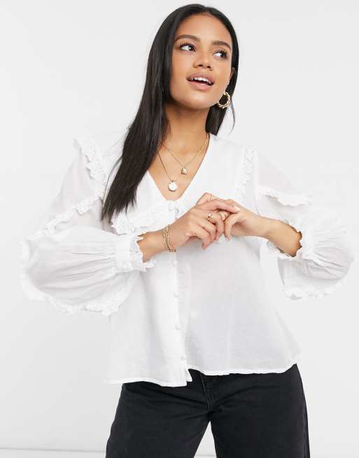 ASOS DESIGN ruffle collar blouse with broderie trim in ivory | ASOS