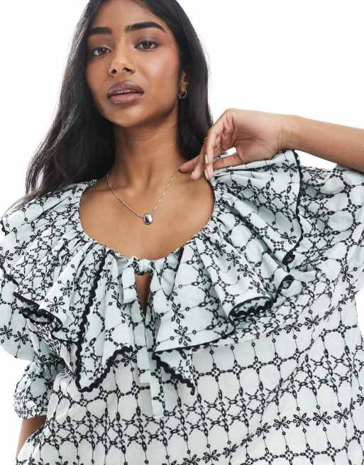 ASOS DESIGN ruffle collar co-ord top in blue broderie, 3 of 4