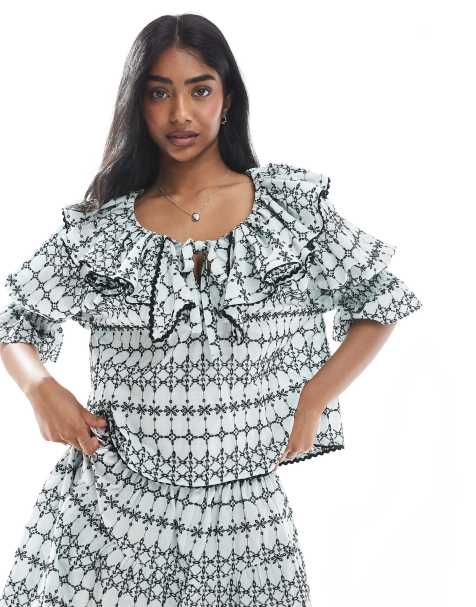 ASOS DESIGN ruffle collar top in blue broderie (part of a set) - view 1