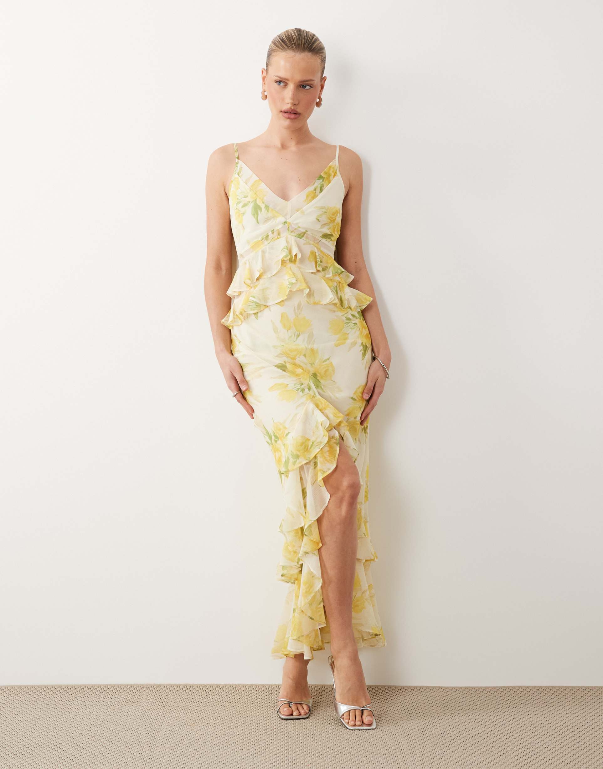 asos design ruffle column cami maxi dress in floral and spot print