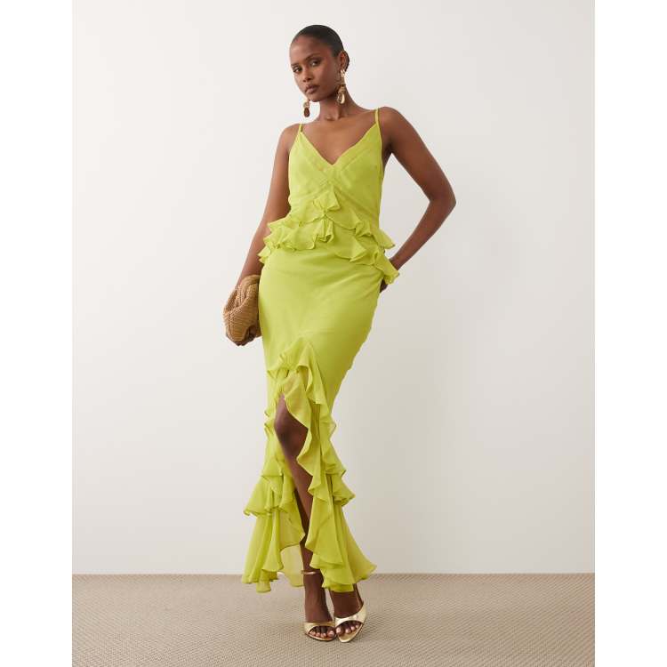 lime green beach dress Lime Green Spaghetti Straps Mermaid Side-slirt Long Train Pleats Prom –  SposaBridal main image 1