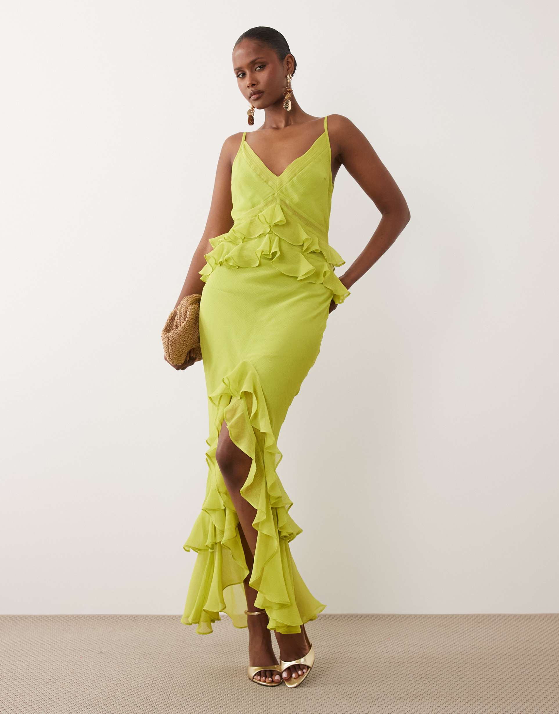 asos design ruffle column cami maxi dress in lime green