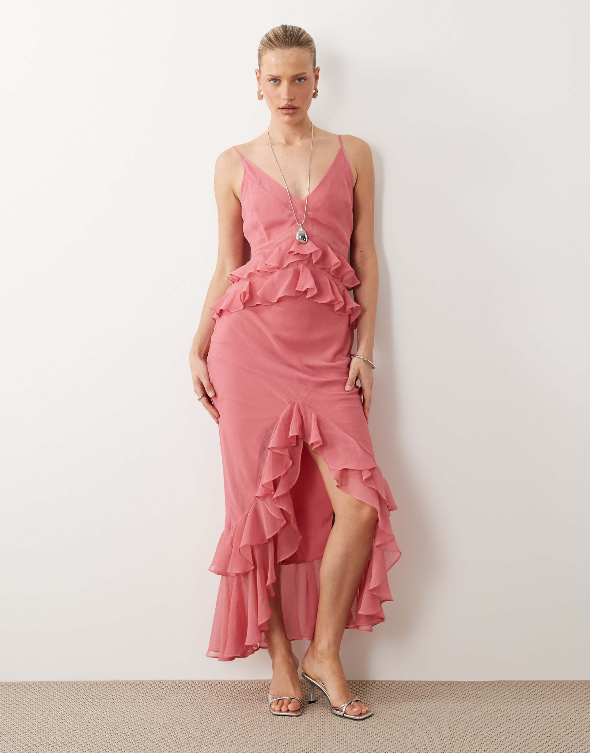 asos design ruffle column cami maxi dress in pink
