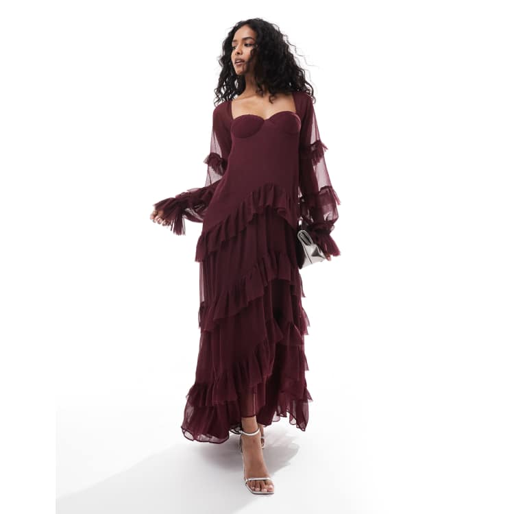 ASOS DESIGN ruffle corset detail tiered maxi dress with hi low hem in  burgundy | ASOS