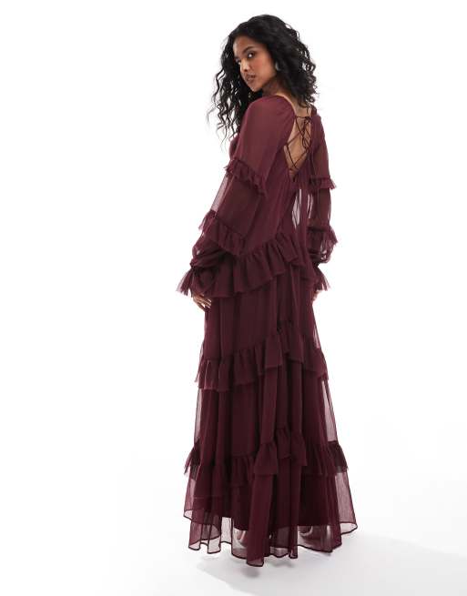 fitted lace wedding dress Zapaka Women Burgundy Long Bridesmaid Dress Strapless Tiered Wedding Party Dress, Burgundy / US14 main image 0
