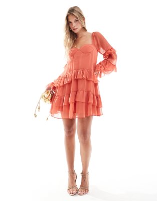 Asos Design Ruffle Corset Detail Tiered Mini Dress In Pink