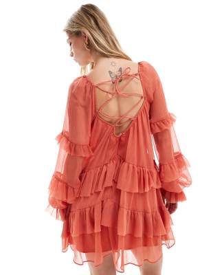 Asos Design Ruffle Corset Detail Tiered Mini Dress In Pink