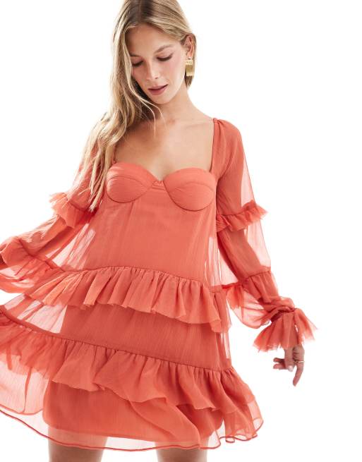 ASOS DESIGN ruffle corset detail tiered mini dress in deep rose