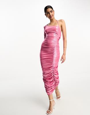 Asos Design Ruffle Cowl Back Midi Dress In Pink Metallic